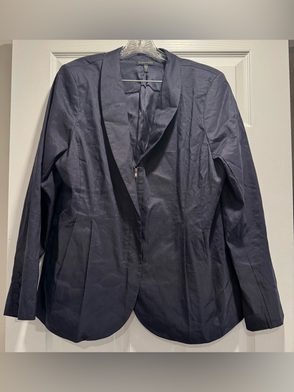 Woman EILEEN FISHER Navy Blue Zip Ramie Stretch Blazer Jacket Sz XL EUC